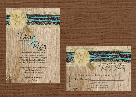 Wedding - Rustic Wedding Invitation, Lace and Burlap Wedding Invitation, Wood Wedding Invitaiton, Custom
