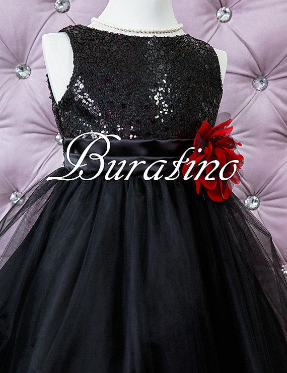 زفاف - Flower Girl Dress, Sequin Dress, Sequin Girls Dress Flower Girl Special Occasion Girls Black dress (ets0155bl)