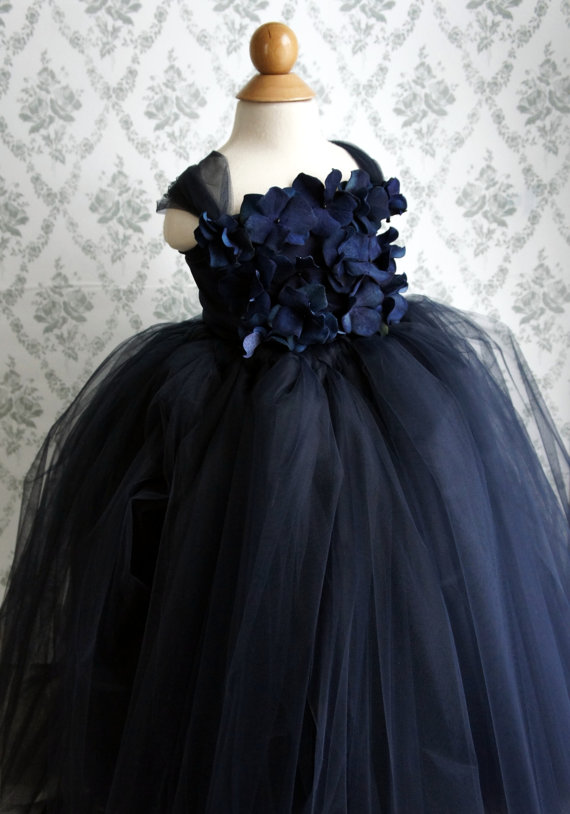 Mariage - Flower girl dress Navy Blue tutu dress, flower top, baby tutu dress, toddler tutu dress