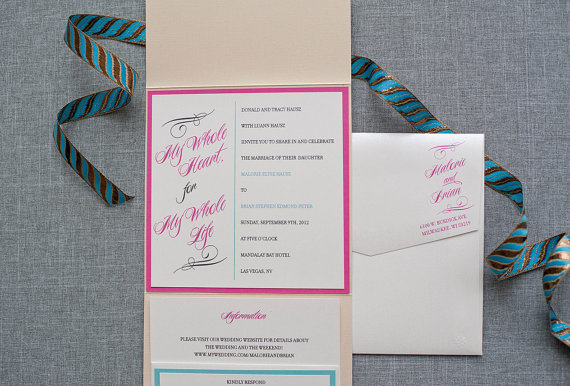Свадьба - Unique Wedding Invitation - Brown and Hot Pink Square Pocket Wedding Invitation - Custom Colors -  Malorie and Brian