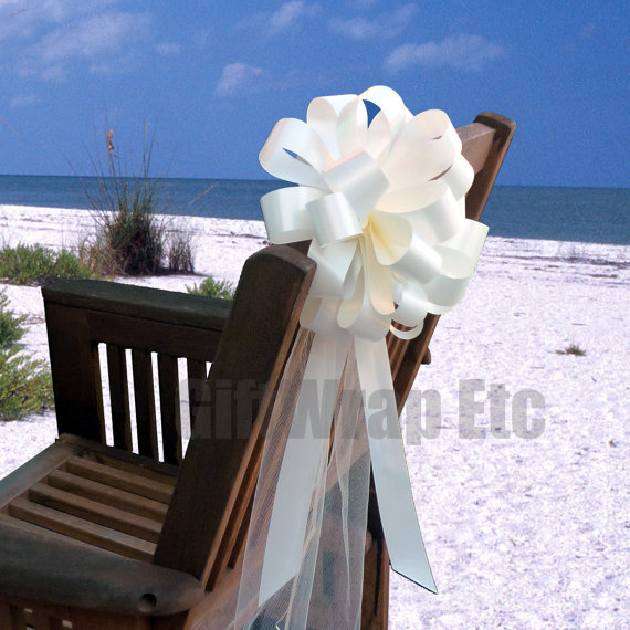 Mariage - 10 Ivory Pew Pull Bows Tulle Beach Wedding Decorations Church Aisle