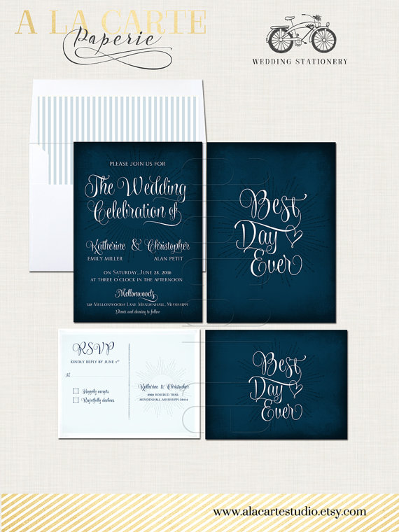 Hochzeit - Best Day Ever Navy Chalkboard Wedding Invitation Card and RSVP card - Design fee