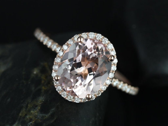 زفاف - Jessica Original Size 14kt Rose Gold Oval Morganite and Diamonds Halo Engagement Ring (Other metals and stone options available)