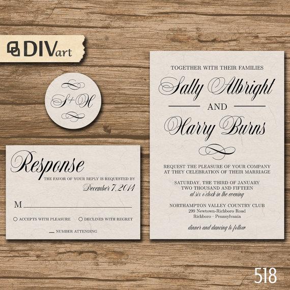 Hochzeit - Calligraphy Wedding Invitation Suite, Response Card, Monogram - clasic, calligraphy, elegant, light kraft paper texture or any color - 518