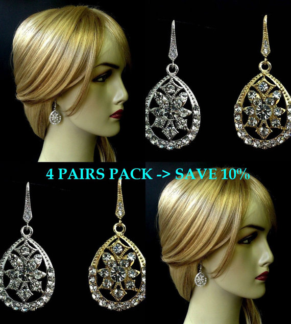 Mariage - Bridesmaid Earrings Set, Art Deco Wedding Jewelry, Gold Bridal Earrings, Silver Jewelry, DECO 4