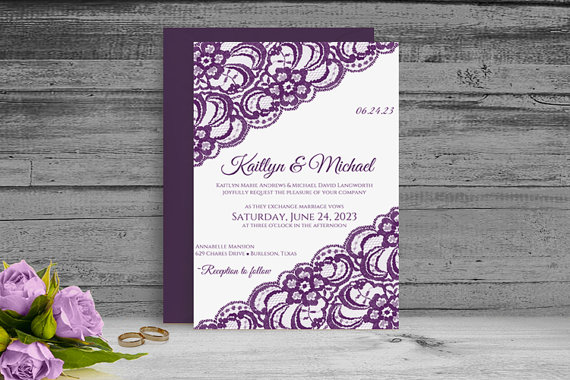 Mariage - DiY Printable Wedding Invitation Template - Download Instantly - EDITABLE TEXT - Vintage Lace (Plum)  - Microsoft® Word Format