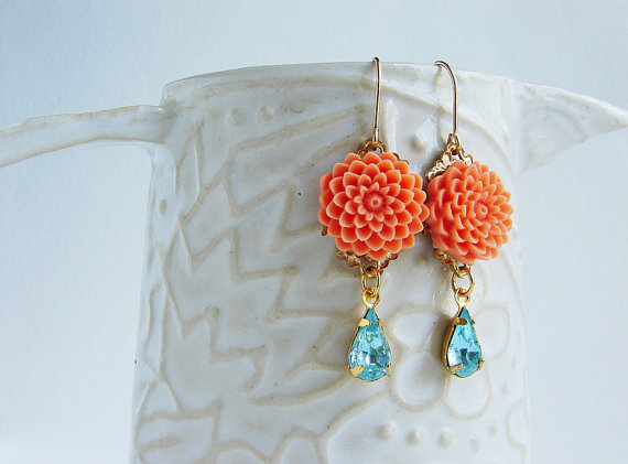 زفاف - Orange flower aqua blue rhinestone dangle earrings, drop earrings, bridal earrings, bridesmaid jewelry