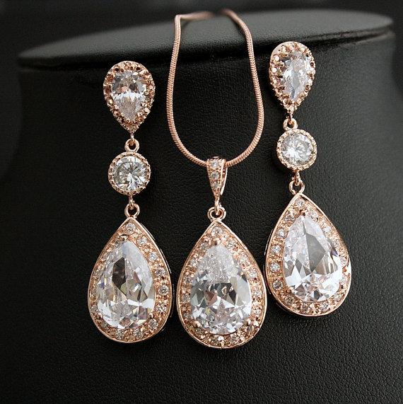 Свадьба - Rose Gold Bridal Earrings and Necklace Set Wedding Jewelry Set Clear Cubic Zirconia Teardrop Pink Gold Bridal Jewelry