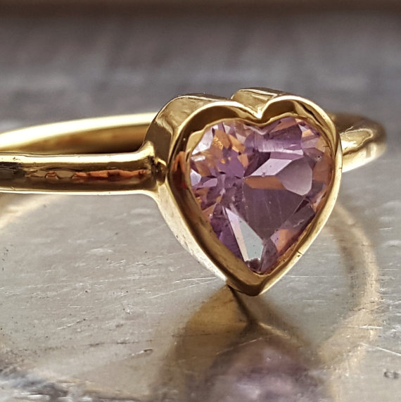Mariage - Purple Amethyst Heart Ring - February Birthstone - Gold Ring 7 to 7.5 - Romantic Stacking Ring - Engagement Ring - Handmade - VenexiaJewelry