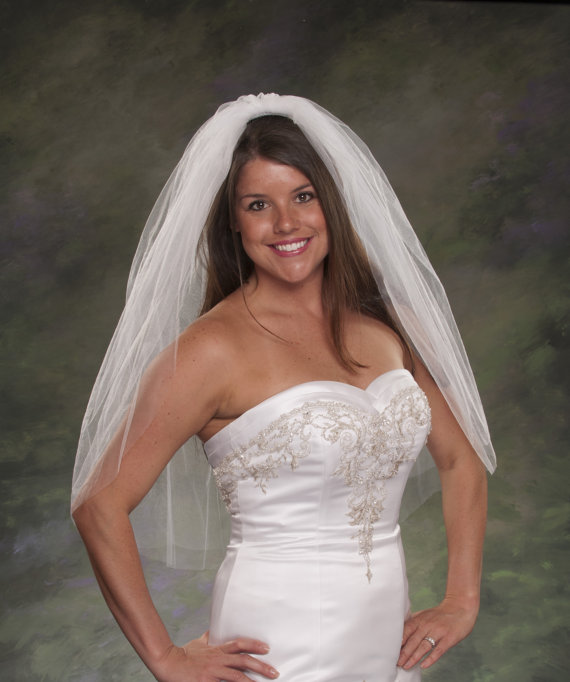 Wedding - Elbow Length Bridal Veils, 2 Layers, Plain Cut Edge Veils, 32 Inches Veil, Tulle Veil, White Veils, Diamond White, Traditional Wedding Veil