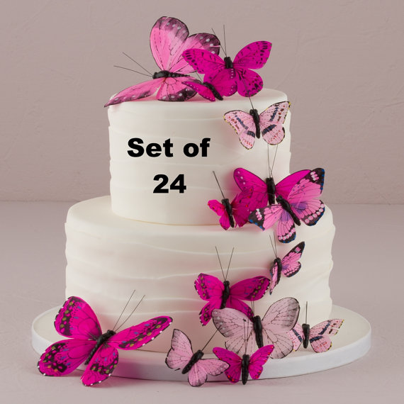 Hochzeit - Wedding Cake Topper - Pink Butterfly Cake Set - Weddings - Cake Topper - Feather Butterflies - Garden Wedding - Woodland Wedding