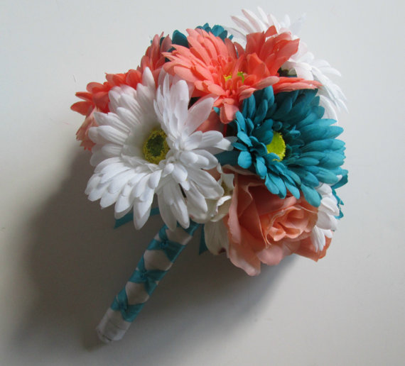 Wedding - Turquiose and Coral Wedding Bouquet, Aqua, White and Coral Bouquet, Bridesmaids Bouquets, Silk Wedding Bouquets, Gerbera Daisy Bouquet