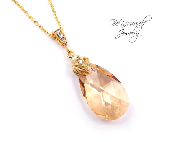 Mariage - Gold Champagne Teardrop Necklace Swarovski Crystal Golden Shadow Pendant Bridal Necklace Bridesmaid Gift Wedding Jewelry Sparkly Pendant
