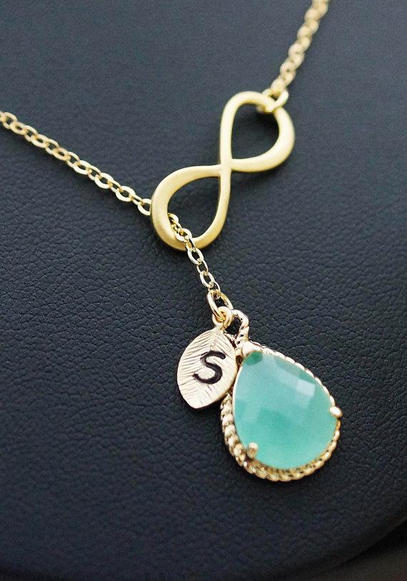 Mariage - Infinity and mint glass lariat necklace, infinity personalized necklace, bridesmaid gift, bridesmaid necklace,  Bridesmaid Jewelry Wedding