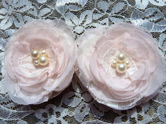 زفاف - Blush Pink Bridal Flowers, Set of 2 Handcrafted Flowers, Chiffon, Lace and Pearls, Shoe Clips, Bobby  Pins or Appliqués