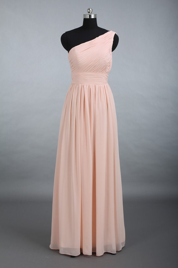 Hochzeit - Pearl Pink One Shoulder Bridesmaid Dress, A-Line Floor-Length Chiffon Bridesmaid Dress
