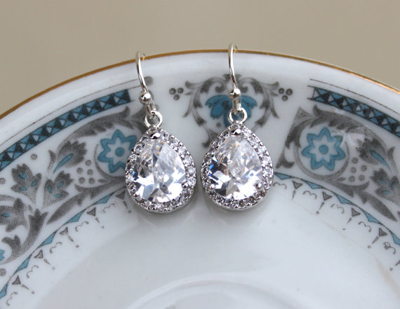 Wedding - Silver Crystal Earrings Teardrop Clear Jewelry Bridesmaid Earrings Bridal Earrings Crystal Wedding Earrings Bridesmaid Jewelry Wedding Gift