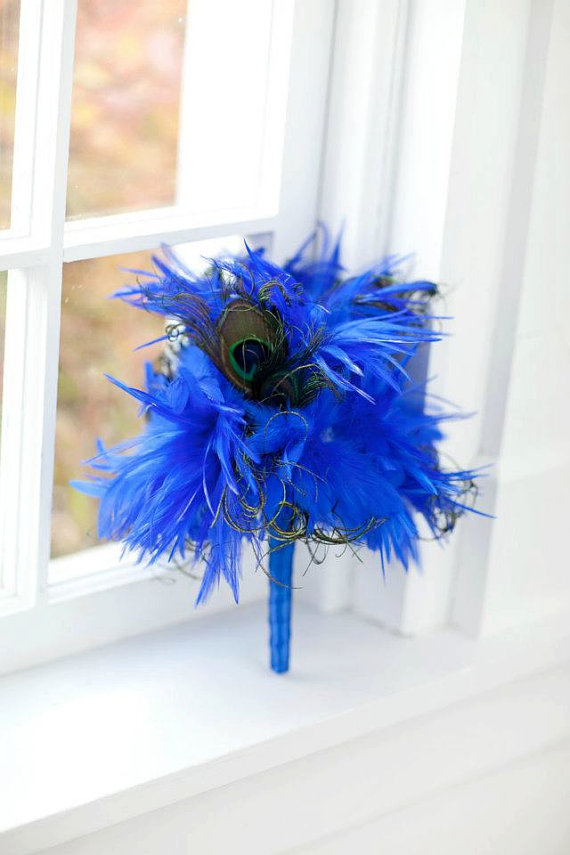 Hochzeit - Royal Blue Peacock Feather Bouquet Custom Deposit