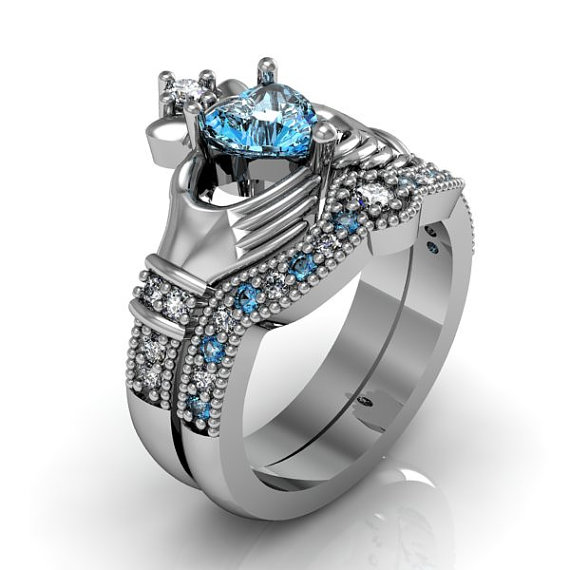 Hochzeit - Claddagh Ring - Sterling Silver Blue Topaz Love and Friendship Engagement Ring Set