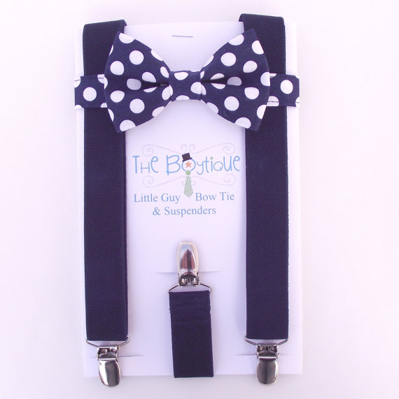 Wedding - Navy Bow Tie and Suspenders: Navy Polka Dots, Navy Bow Tie, Navy Suspenders, Navy Braces, Toddler Suspenders, Kids, Baby, Infant Ring Bearer