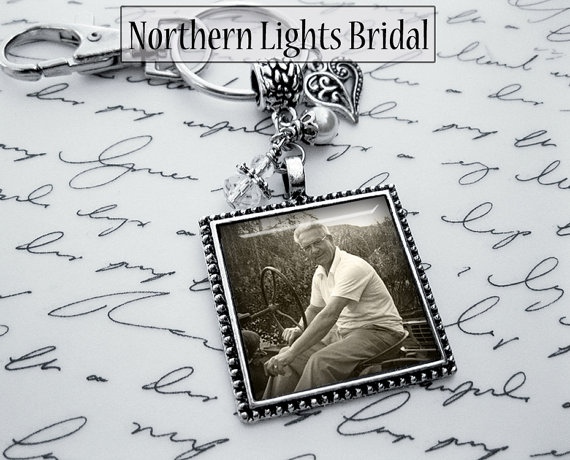 Wedding - Photo Remembrance Charm for Flower Bouquet, Locket, Personlized memorial charm Not at the wedding but still in our heart, Grandpa or grandma