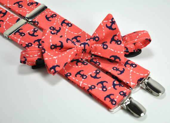 Mariage - Coral and Navy Anchors Boy's Bow Tie and Suspender Set - Nautical Tie and Suspenders - Toddler Suspenders