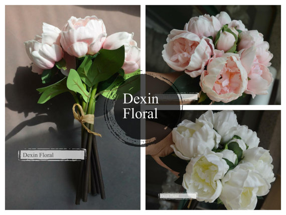 زفاف - Real Touch Peony Bridal Bouquet Artificial Posy Flowers Home Decor in White/Pink, bridesmaid bouquets