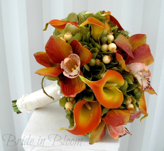 Mariage - Wedding bouquet Orchid calla lily Bridal bouquet Sage green orange Silk wedding flowers