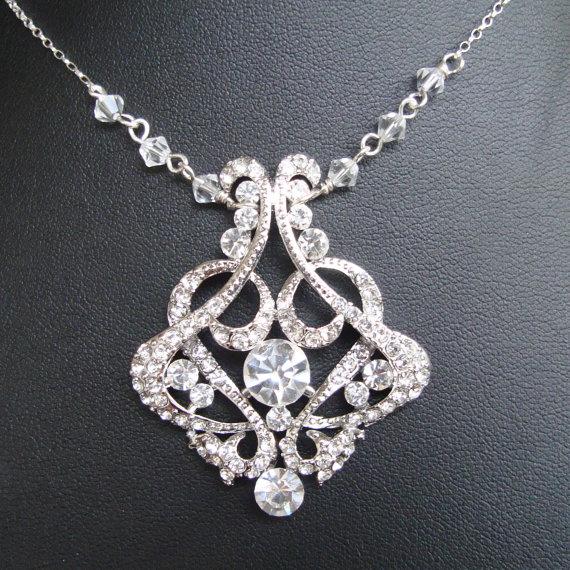 Hochzeit - Vintage Bridal Necklace, Crystal Wedding Necklace, Art Deco Bridal Jewelry, Sterling Silver Chain, Wedding Jewelry, CRESSIDA
