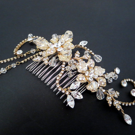زفاف - Gold Bridal hair comb, Wedding headpiece, Wedding hair comb, Gold hair accessory, Crystal hair comb