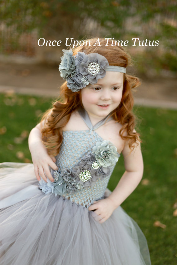زفاف - Gray Couture Satin & Shabby Flower Headband - Newborn Baby Grey Hairbow - Little Girls Hair Bow - Toddler Photo Prop - Silver OTT