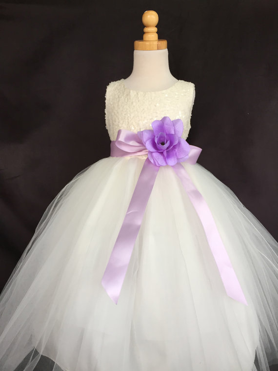 Свадьба - Ivory Wedding Bridal Bridesmaids Sequence Tulle Flower Girl dress Toddler 9 12 18 24 Months 2 4 6 8 10 12 14 Sash Color 24