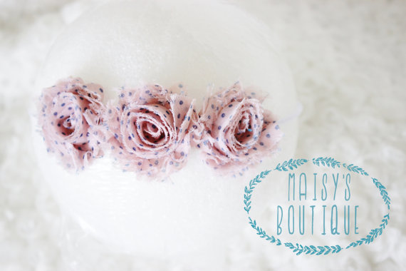 زفاف - Mini Pink Polka Dot Flower Headband/ Shabby Flower Headband/ Newborn Headband/ Baby Headband/ Flower Girl/ Wedding/ Photo Prop