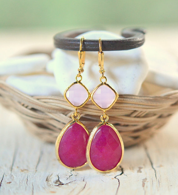 زفاف - Jewel Dangle Earrings with Fuchsia Teardrop and Soft Pink Jewels. Long Dangle Earrings. Bridesmaid Earrings. Pink Wedding Jewelry.