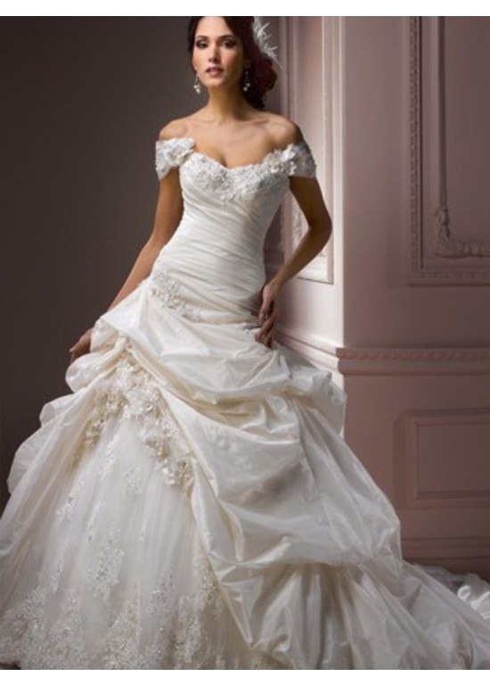 Hochzeit - Graceful Taffeta Off-the-Shoulder Lace Bridal Wedding Dress