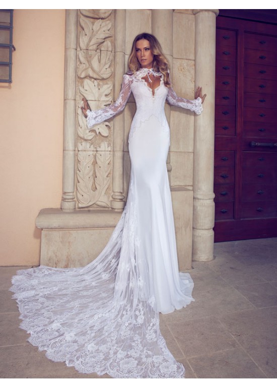 Hochzeit - Long Train Long Sleeves Satin Mermaid Wedding Dress