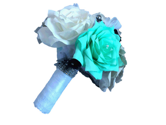 Mariage - Tiffany blue bridal bouquet, Brooch Wedding bouquet, Pearl and lace bouquet, Paper Bouquet, Toss bouquet, Fake flower bouquet, Lace bouquet