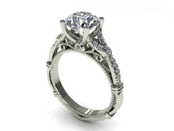 Hochzeit - 2.60 Ct Round Cut Diamond Engagement Ring VVS1 / D 14k White Gold
