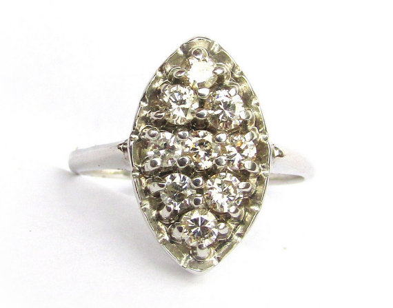 Hochzeit - Vintage Diamond Ring 14k White Gold 9 Round Brilliant Stones 1960s Mid Century Navette Engagement Ring Cocktail Ring Size 6.5