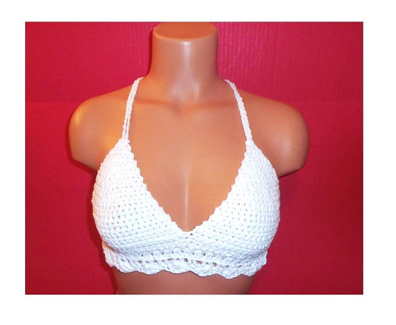 Wedding - Crochet Hippie Bralette Top, White Bikini Top by Vikni