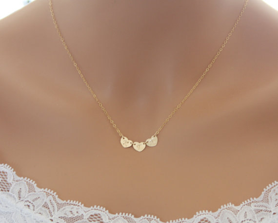 زفاف - Initial necklace - THREE hearts 14K gold filled, wedding bridal jewelry, birthday bridesmaids gifts, anniversary gift, for mom sister