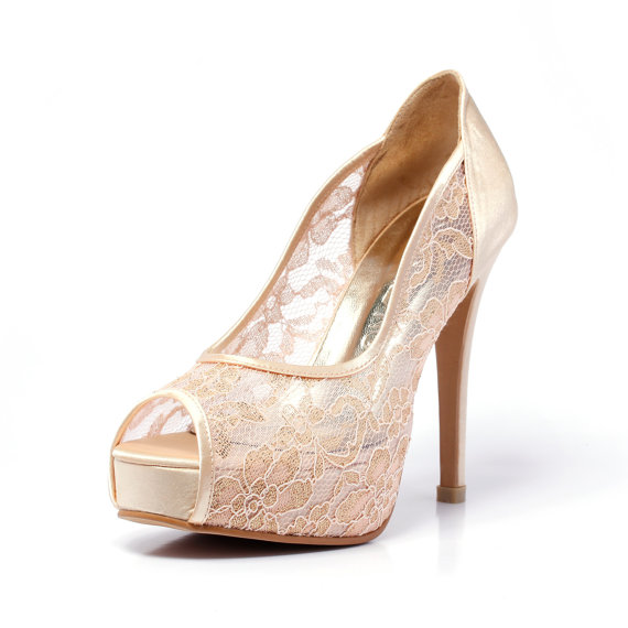 Hochzeit - Trailblazer, Champagne Gold Lace Wedding Shoe, Peep Lace Satin Wedding Heels, Golden Champagne Bridal Shoes,Gold Wedding Shoes