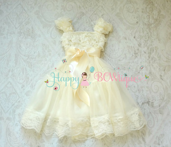 Wedding - Flower girl dress, Ivory Bow Chiffon Lace Dress, baby Baptism, Girls dress,baby dress,Birthday dress,Rustic dress,Ivory dress,Country,Burlap