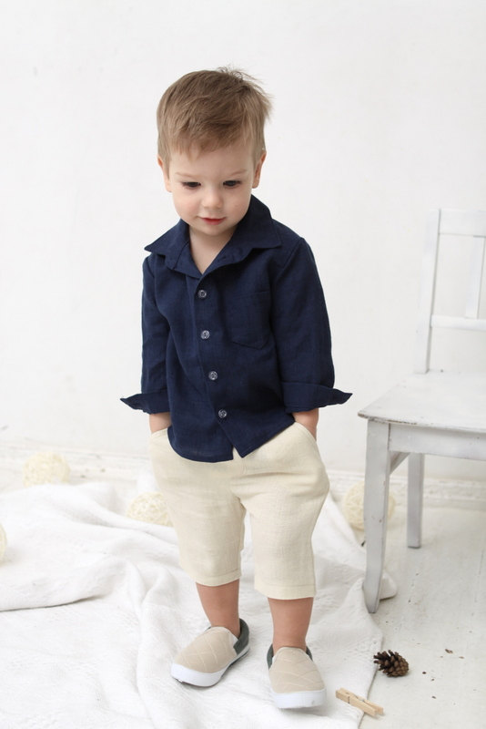 Свадьба - Baby Boy dress shirt Wedding party 1st birthday Baptism Long sleeve navy blue linen shirt Boys clothes Ring bearer shirt