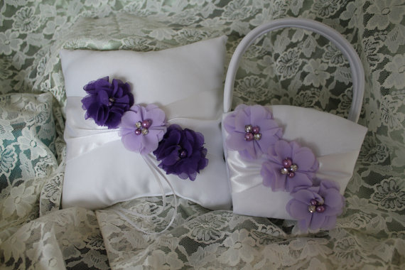 Mariage - U-Pick Colors-Ivory or White Ring Bearer Pillow/Flower Girl Basket -Purple and Lavender Chiffon Flowers Rhinestone and Pearls- Custom Colors