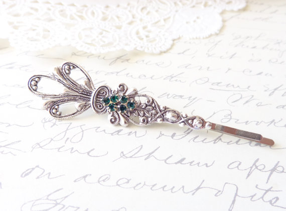 Mariage - Victorian Silver Emerald Hair Pin - Green Rhinestone Silver Bobby Pin - Wedding Hair Accessory - Bridal