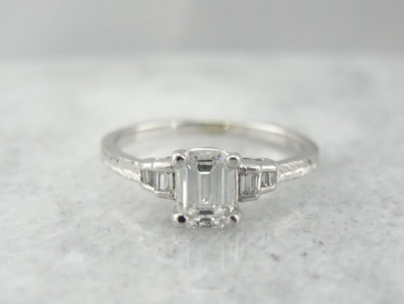 زفاف - Gorgeous Platinum, Emerald Cut Diamond Engagement Ring, Fine Stones XCAAMC-D