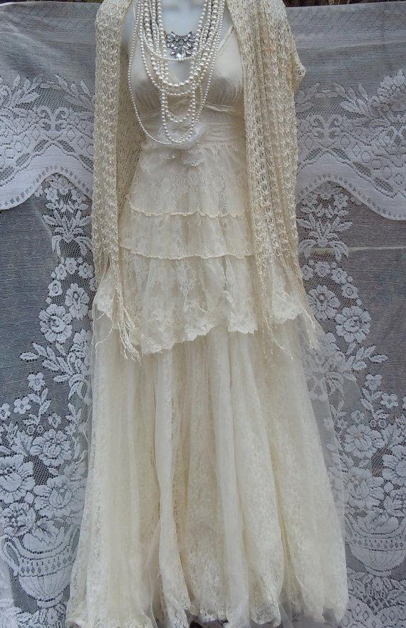 Mariage - Lace  wedding dress white  crochet cotton  tulle  vintage  bride outdoor  romantic small medium  by vintage opulence on Etsy