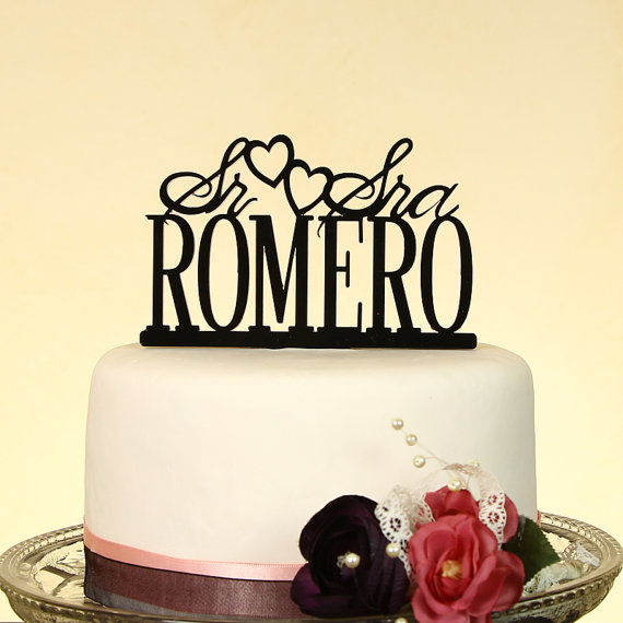 Wedding - Mr. and Mrs. personalized "in your name" wedding cake topper in Spanish with display base by Distinctly Inspired (style SS-2)