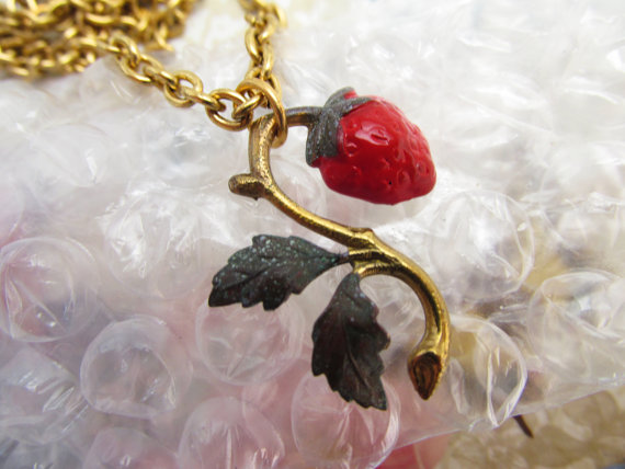 زفاف - Strawberry necklace Vintage necklace strawberries woodland wedding Art Nouveau strawberry jewelry